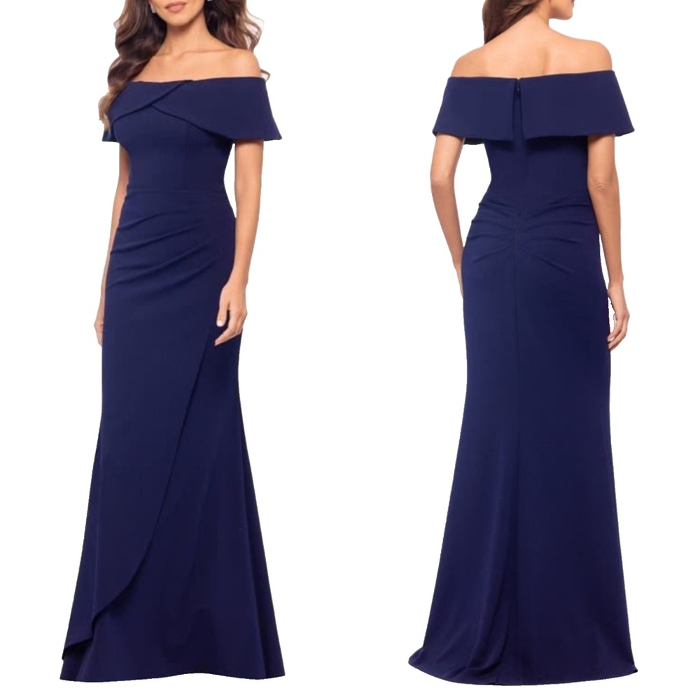 NEW XSCAPE Navy CROSSOVER Off The Shoulder PLEATED Stretch Crepe GOWN 6